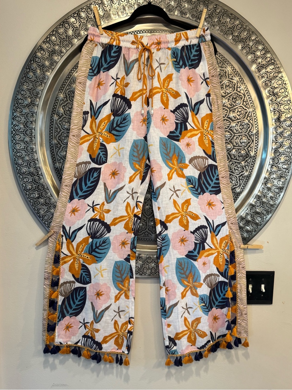 Rinku Linen Floral Wide-Leg Pants White, Pink, Mustard, Teal XL NWT - Picture 2 of 10